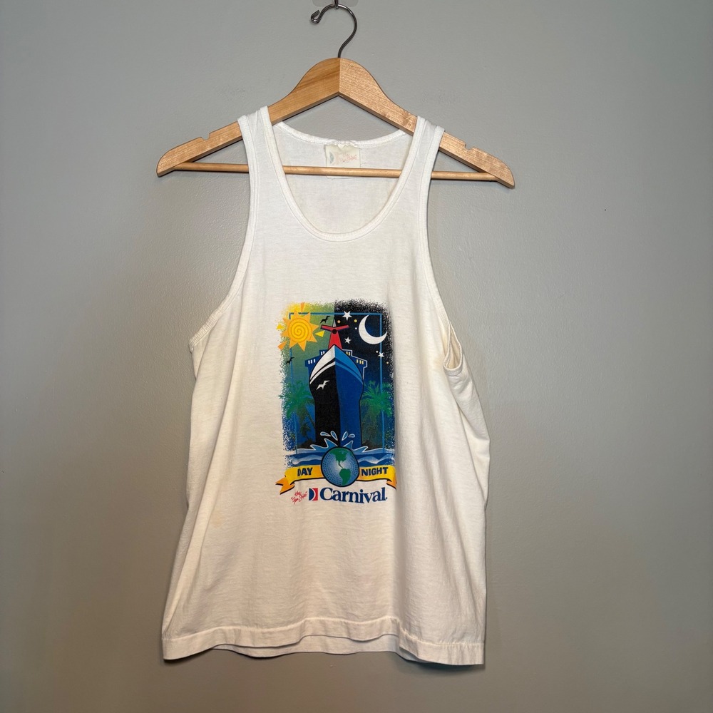 Vintage Carnival Cruise Line Day & Night Graphic Tank Top White Small Panama
